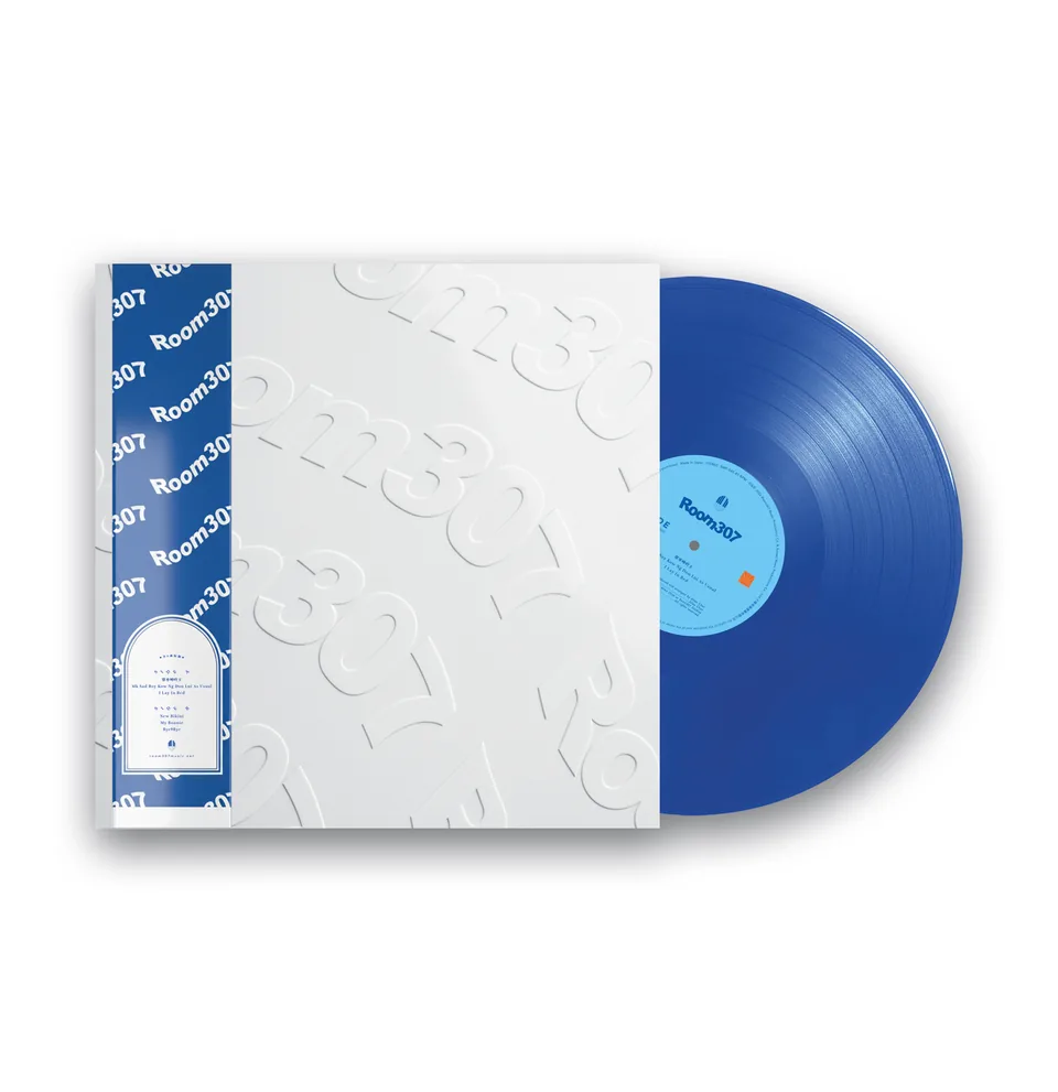 Blue vinyl edition of the Room307 self-titled EP beside its white and blue sleeve.